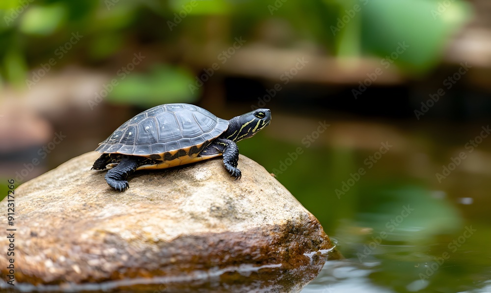 Fototapeta premium grey turtle resting on a rock in a peaceful pond, Generative AI