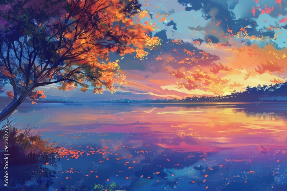 A serene lakeside landscape at sunset with a tree in the foreground A serene lakeside landscape at sunset with a tree in the foreground
