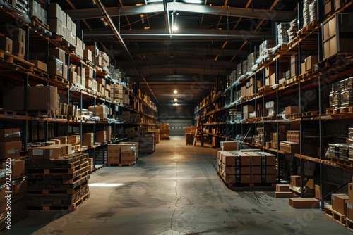 Wallpaper Mural vast warehouse interior with organized shelving systems stacked cardboard boxes and parcels industrial lighting creates depth logistics hub concept Torontodigital.ca