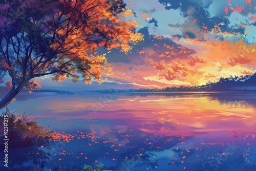 A serene lakeside landscape at sunset with a tree in the foreground