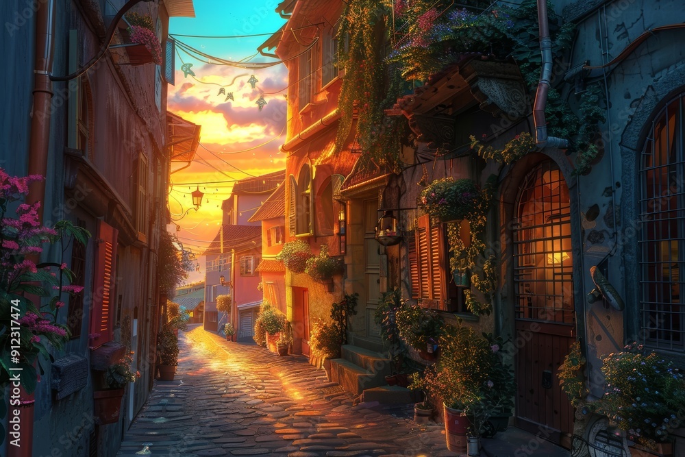 Fototapeta premium Sunset Glow Over a Picturesque European Alley