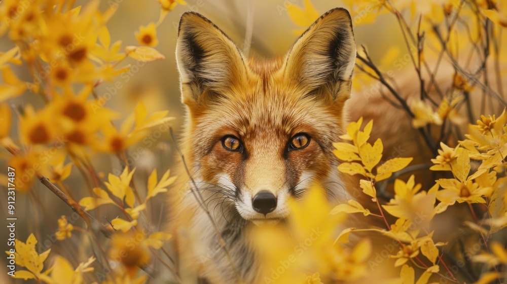 Fototapeta premium A Red Fox Peering Through Autumn Foliage