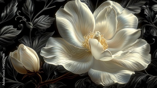 White Flower Blooming on a Black Background