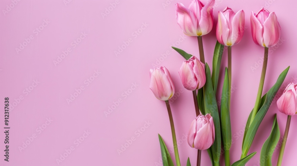 Fototapeta premium Pink Tulips on a Light Pink Background