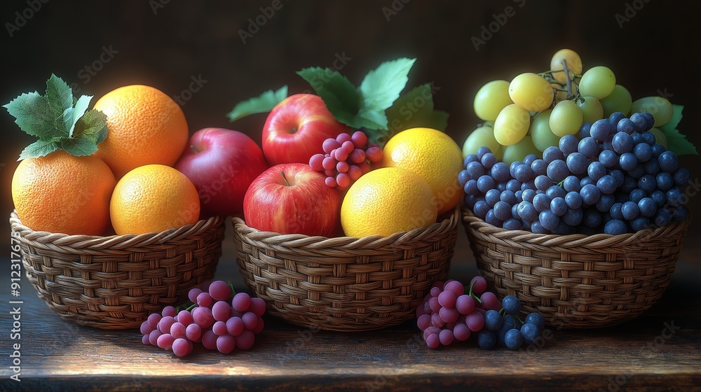 Fruit Baskets with Variety of Fruits, Rich Red, Yellow, Orange, and Green Palette, Symmetrical and Vibrant Composition, Suitable for Thanksgiving and Fruit Festivals, Ideal for Health Magazines and Ma Fruit Baskets with Variety of Fruits, Rich Red, Yellow, Orange, and Green Palette, Symmetrical and Vibrant Composition, Suitable for Thanksgiving and Fruit Festivals, Ideal for Health Magazines and Ma