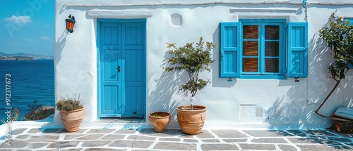 Fototapeta Naklejka Na Ścianę i Meble -  A white house with blue shutters and blue doors