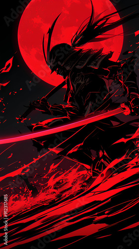 black and red color samurai silhouette with speed effect background