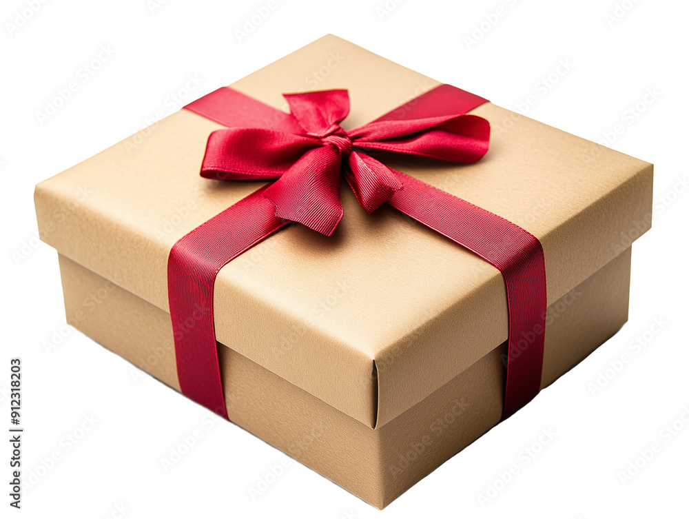 A beautifully wrapped gift box made from brown kraft paper is adorned with a vibrant red ribbon bow. This present is perfect for various celebrations and evokes feelings of excitement and joy A beautifully wrapped gift box made from brown kraft paper is adorned with a vibrant red ribbon bow. This present is perfect for various celebrations and evokes feelings of excitement and joy