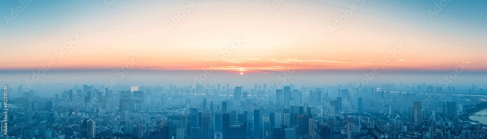 Fototapeta premium aerial view of cityscape with foggy sunrise and pink sky - urban landscape photography