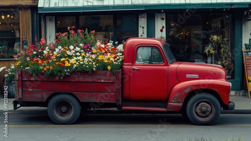 Vintage Red Truck Filled with Flowers