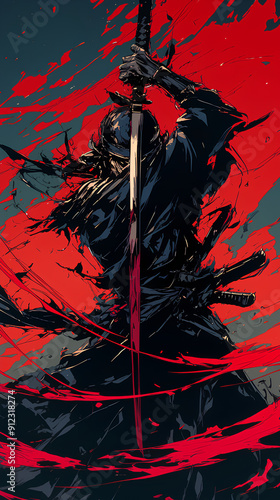 black and red color samurai silhouette with speed effect background