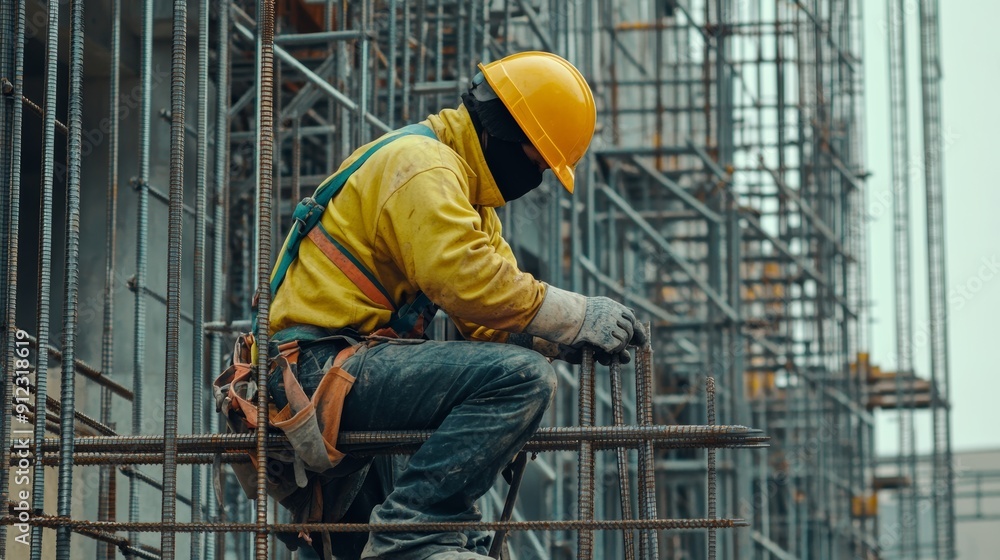 Close up construction worker working on steel rebar frames at the site of an industrial building under creation metal girder frame structure of a concrete modern commercial complex. Close up construction worker working on steel rebar frames at the site of an industrial building under creation metal girder frame structure of a concrete modern commercial complex.