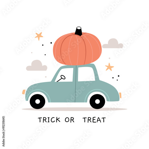 The car is carrying a large pumpkin.Fall season car with harvest isolated on white background. Cute adorable Halloween holiday illustration for kids in the Scandinavian style.