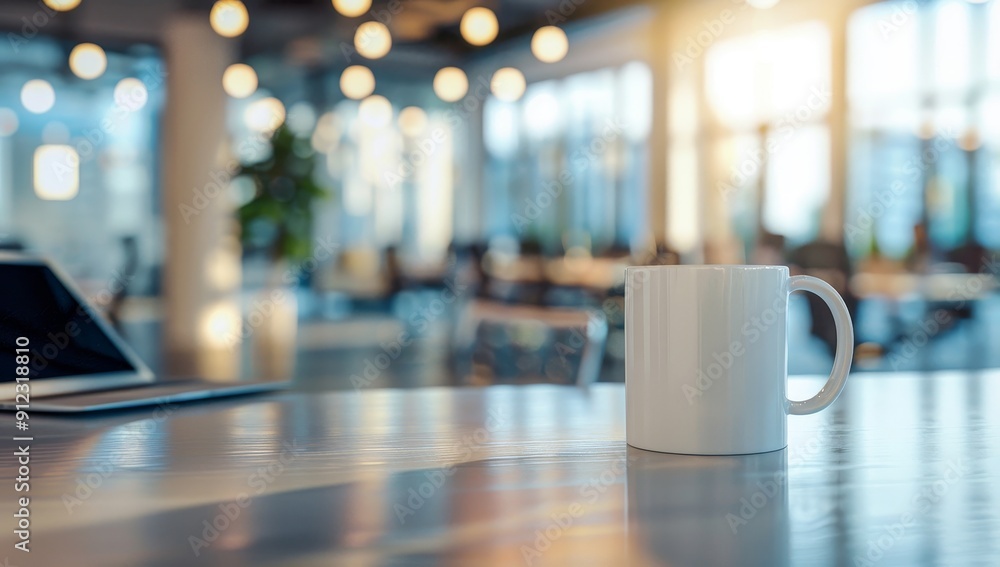 White Mug on a Table in a Modern Office Setting