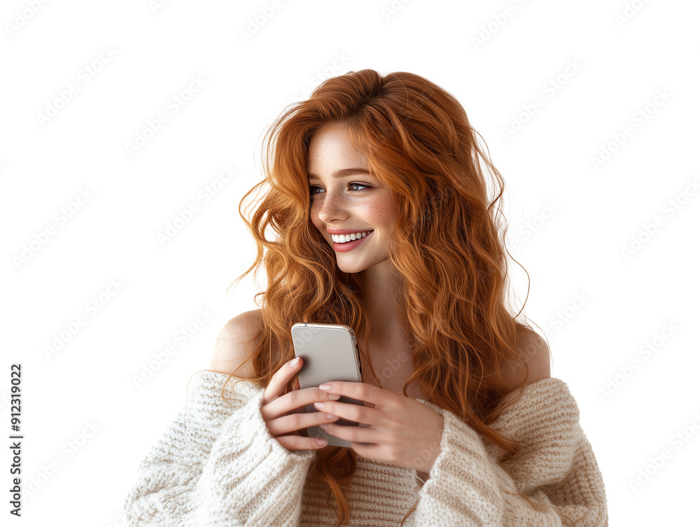 A young woman with beautiful, long, wavy red hair is smiling while gently holding a smartphone in her hands. A young woman with beautiful, long, wavy red hair is smiling while gently holding a smartphone in her hands.