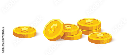 Heap of gold coins with us dollar currency sign vector illustration isolated on white background. Money coin stack pile. Business and finance concept design element.	