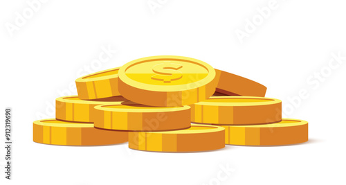 Heap of gold coins with us dollar currency sign vector illustration isolated on white background. Money coin stack pile. Business and finance concept design element.	