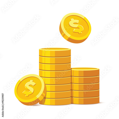 Heap of gold coins with us dollar currency sign vector illustration isolated on white background. Money coin stack pile. Business and finance concept design element.	