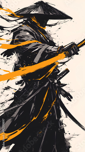 black and yellow color samurai silhouette with speed effect background