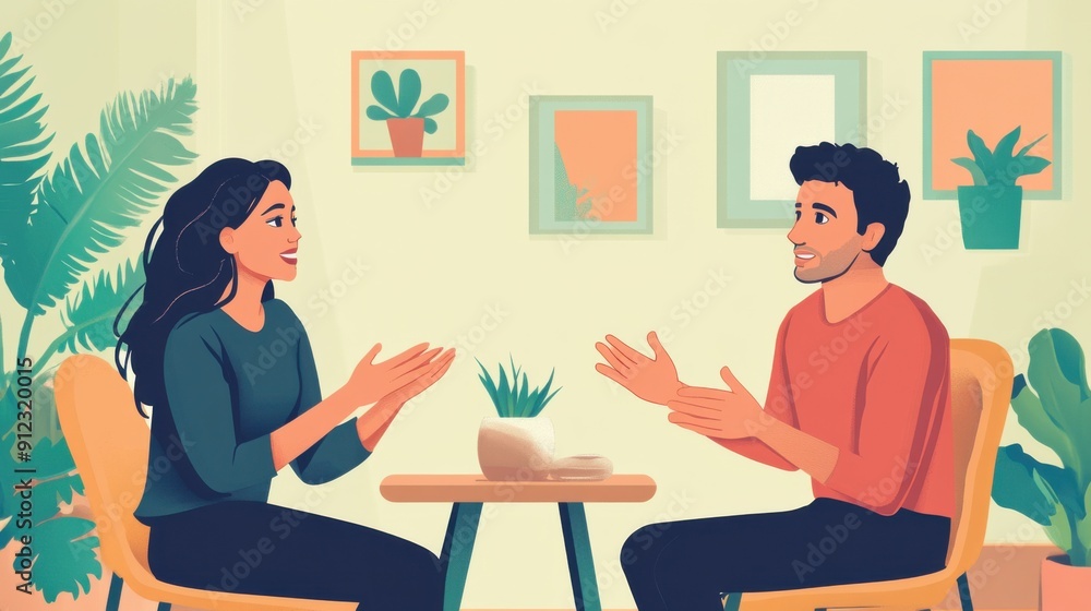Engaging Conversation: A man and woman deeply engrossed in a lively discussion at a cozy cafe, their animated gestures reflecting the flow of ideas and connection. Engaging Conversation: A man and woman deeply engrossed in a lively discussion at a cozy cafe, their animated gestures reflecting the flow of ideas and connection.