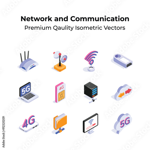 Pack of network and communication isometric icons in modern style