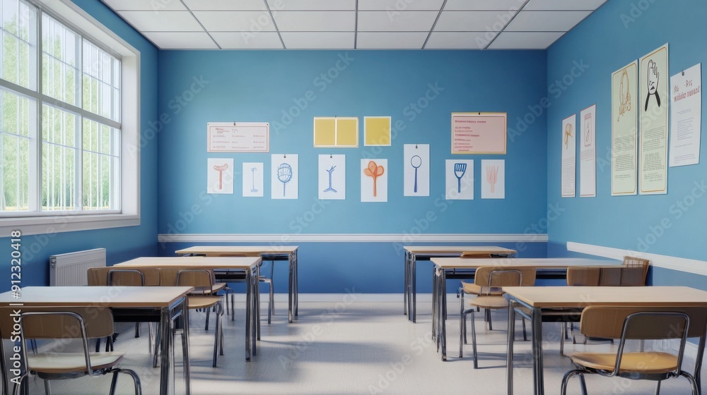 Empty Classroom, Ready for Learning: A serene blue classroom awaits the energy of students, its desks neatly arranged, bathed in soft sunlight streaming through the window. Empty Classroom, Ready for Learning: A serene blue classroom awaits the energy of students, its desks neatly arranged, bathed in soft sunlight streaming through the window.