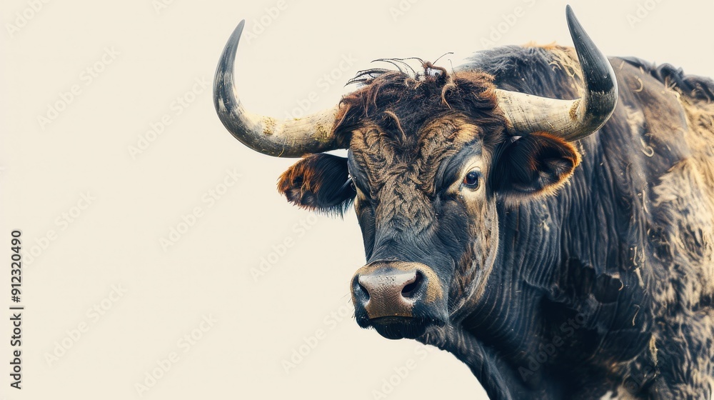 A close-up image of a strong and majestic bull with prominent horns, showcasing its textured coat and intense gaze. A close-up image of a strong and majestic bull with prominent horns, showcasing its textured coat and intense gaze.