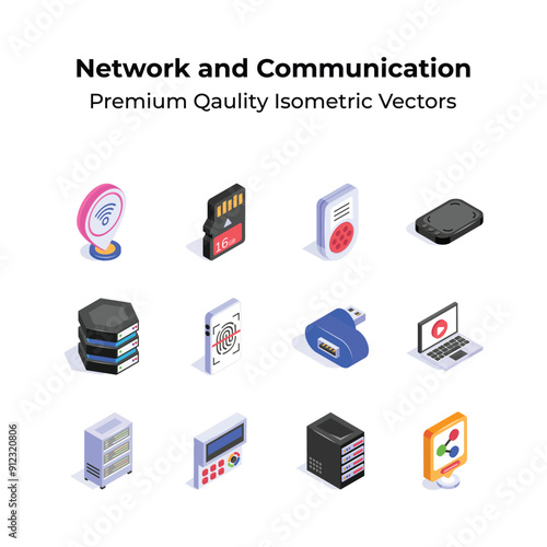Premium quality network and communication isometric icons