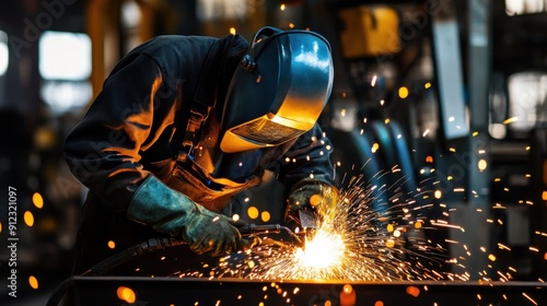 Master of Sparks: A welder in protective gear amidst a shower of sparks in an industrial setting, showcasing the artistry and precision of metalwork. 