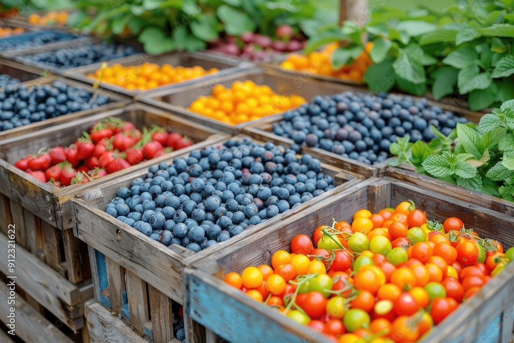 Colorful Fruits and Vegetables in Wooden Crates Colorful Fruits and Vegetables in Wooden Crates