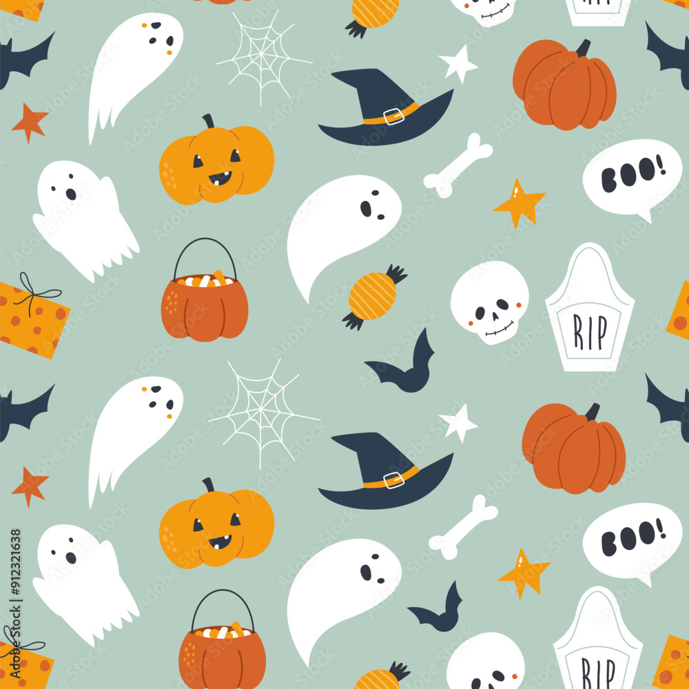 Fototapeta premium Seamless Halloween Patterns with Spooky Ghosts, Bats and Holiday Elements