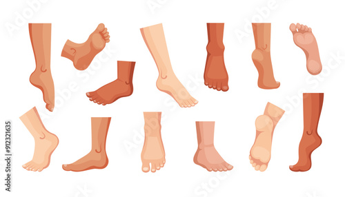 human feet set. podiatry footstep art, man and woman feet in different poses views, health food leg. vector cartoon objects collection.