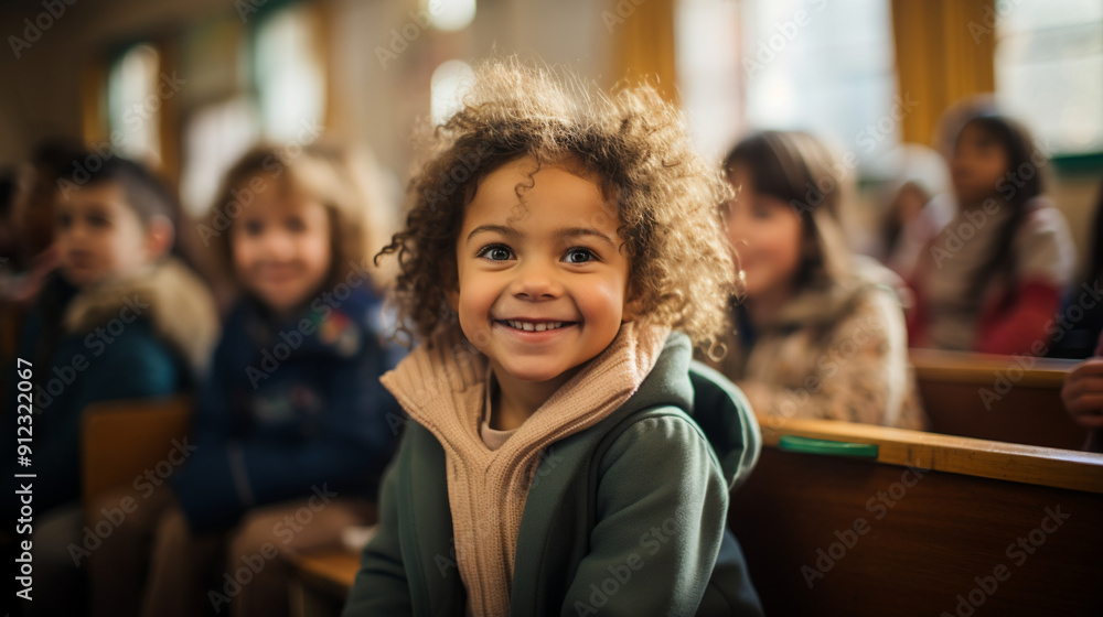 Obraz premium Small girl laughs happily in a primary school class, photography.