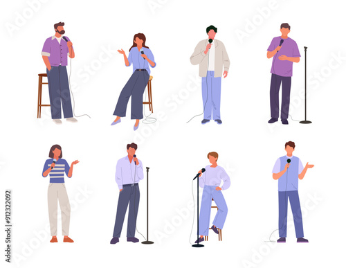 speaker orator characters. public speech concept characters collection, people with microphone lecture talk from podium humor comic performance show. vector flat cartoon characters set.