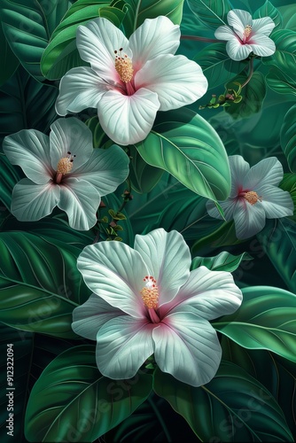 White Flowers With Green Leaves Painting