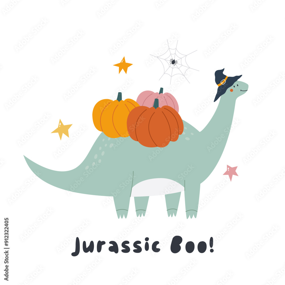 Halloween Diplodocus Dinosaur Illustration, Spooky Dino with Pumpkins Halloween Diplodocus Dinosaur Illustration, Spooky Dino with Pumpkins