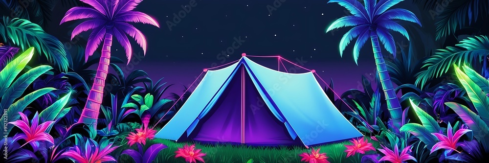 Blue neon tent travel concept background Blue neon tent travel concept background