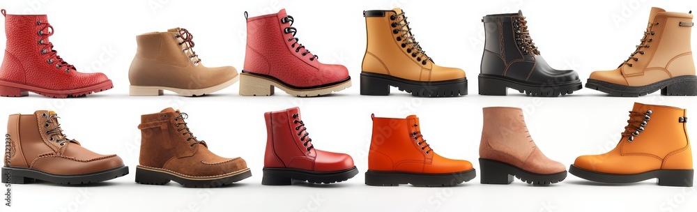 A collection of different styles and colors of women's short boots cutouts on a transparent background A collection of different styles and colors of women's short boots cutouts on a transparent background