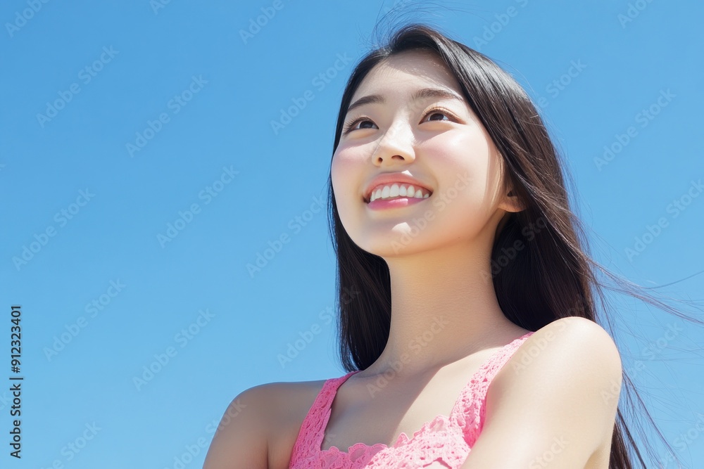 Korean woman smile enjoying sun during summer vacation, mental health Korean woman smile enjoying sun during summer vacation, mental health