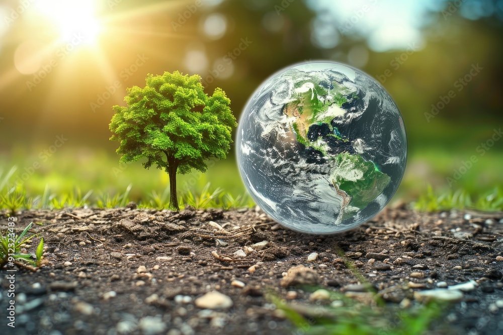 Earth Globe Resting on Soil with a Small Tree Earth Globe Resting on Soil with a Small Tree