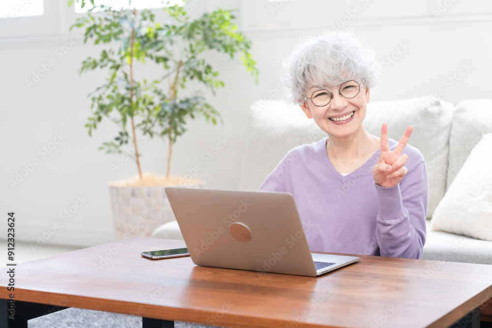 パソコンを操作しているシニア女性