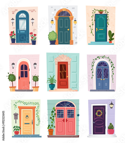 entrance doors set. cartoon wooden decorative vintage doorway entry, flat indoor house interior. vector cartoon gate entrances collection.
