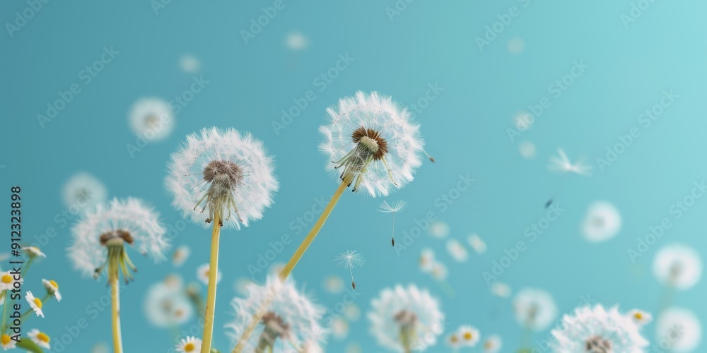 Obraz premium white dandelion seeds floating in the wind, springtime nature background with blue sky, delicate dandelion flowers in bloom, abstract floral wallpaper for design, nature photography concept.