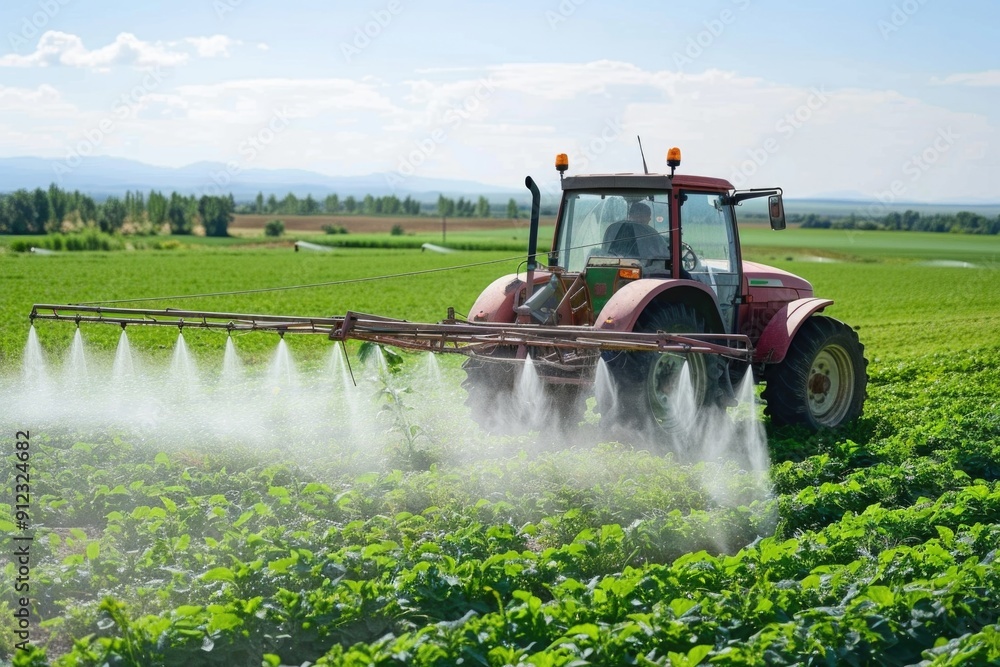 Fototapeta premium Agricultural equipment spraying pesticides on a field, great for farming or agricultural themes