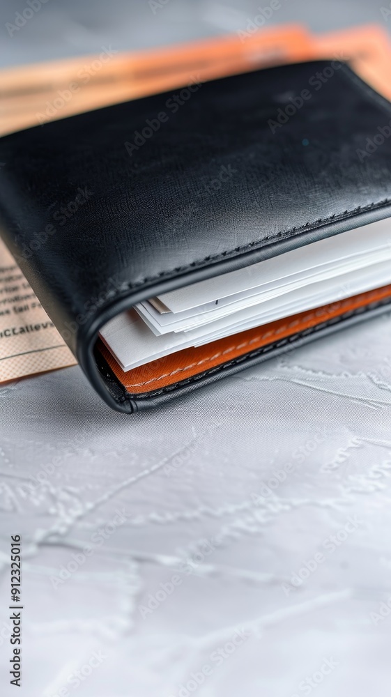 black leather wallet with credit cards and documents on a grey background - close-up view. black leather wallet with credit cards and documents on a grey background - close-up view.