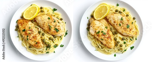 Isolated on a white background is chicken piccata with lemon caper sauce over spaghetti pasta. This is an Italian meal bundle. photo