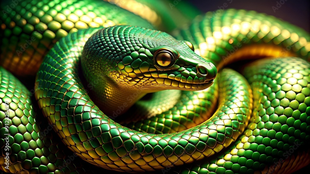 Fototapeta premium Close-Up of Green Snake Coiled, Vibrant Colors, Detailed Scales