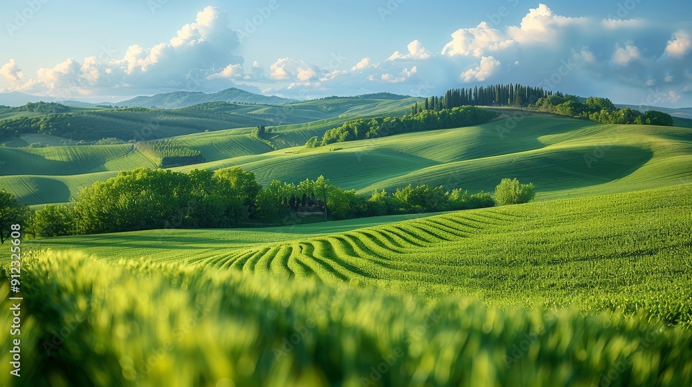 Expansive view of rolling farmland with a patchwork of fields under a blue sky Expansive view of rolling farmland with a patchwork of fields under a blue sky