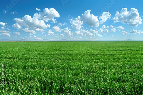 Lush Green Field Under a Blue Sky with White Clouds