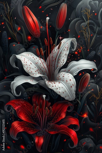 Red and White Flower on Black Background